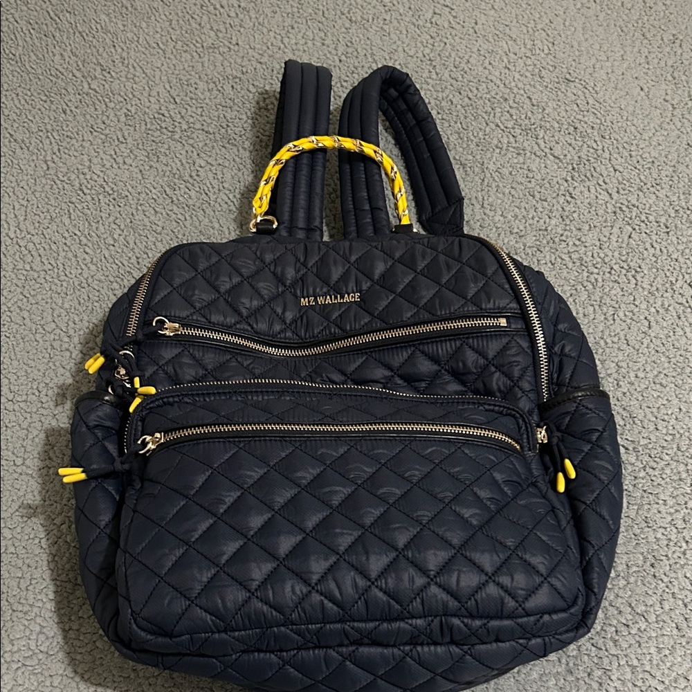 MZ Wallace Navy Quilted Backpack with Yellow Accents